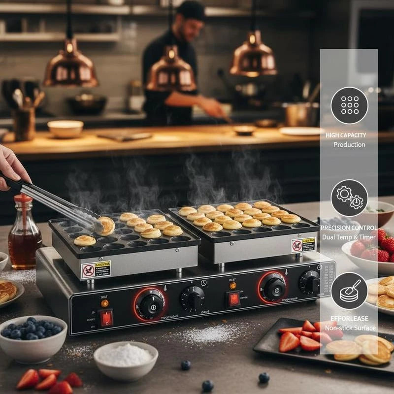 Mini Dutch Pancake Machine 50PCS For Kitchen Restaurant Dessert, Non-stick Dorayaki Baker 1800W Double Temperature Time Control Commercial Poffertjes Grill Pan 21.3x11.4x6.5 Inches Black Silver Professional Baking Equipment