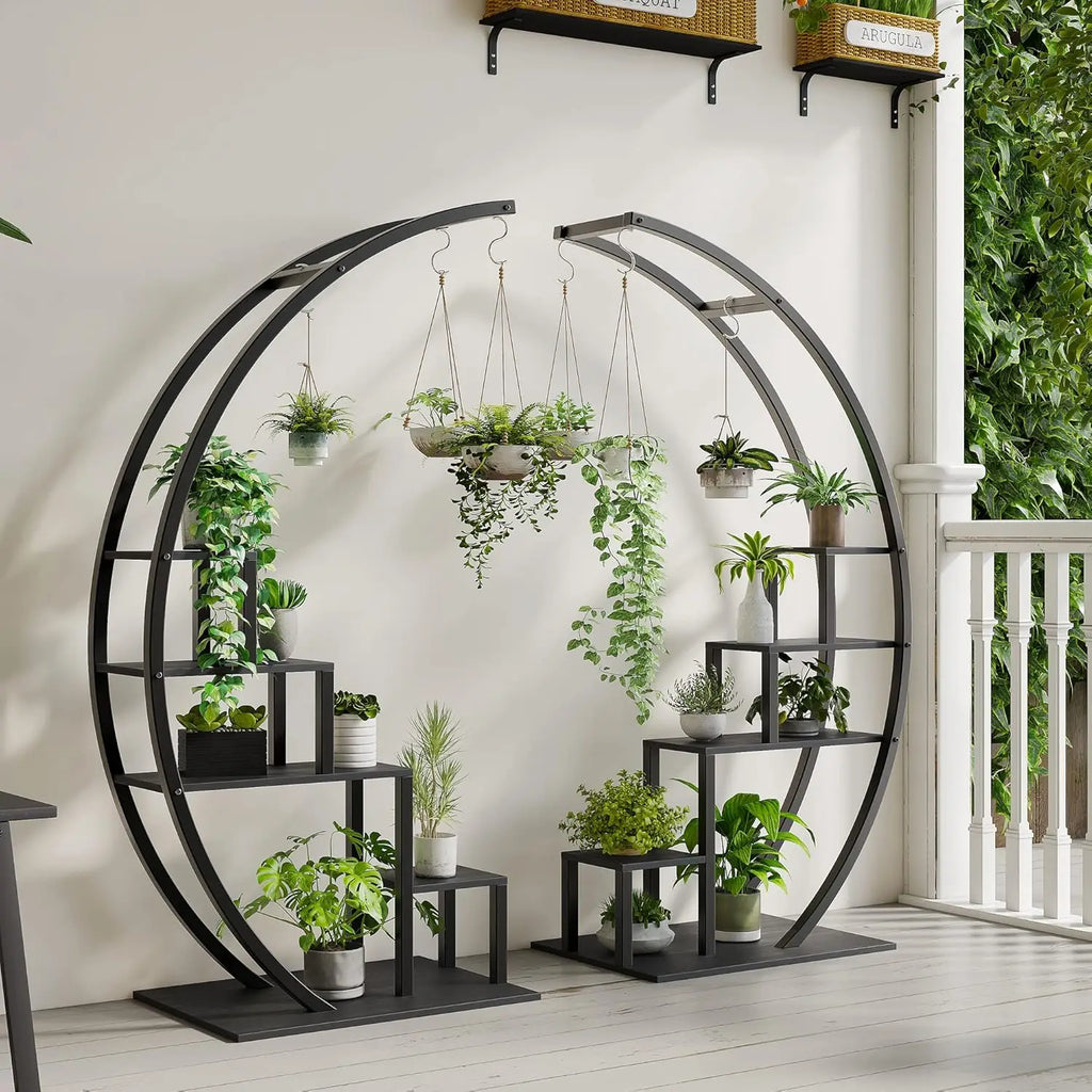 5-Tier Tall Metal Plant Stand, Half Moon Flower Pot Shelf - Multi-Level Indoor & Outdoor Corner Display Rack with Hanging