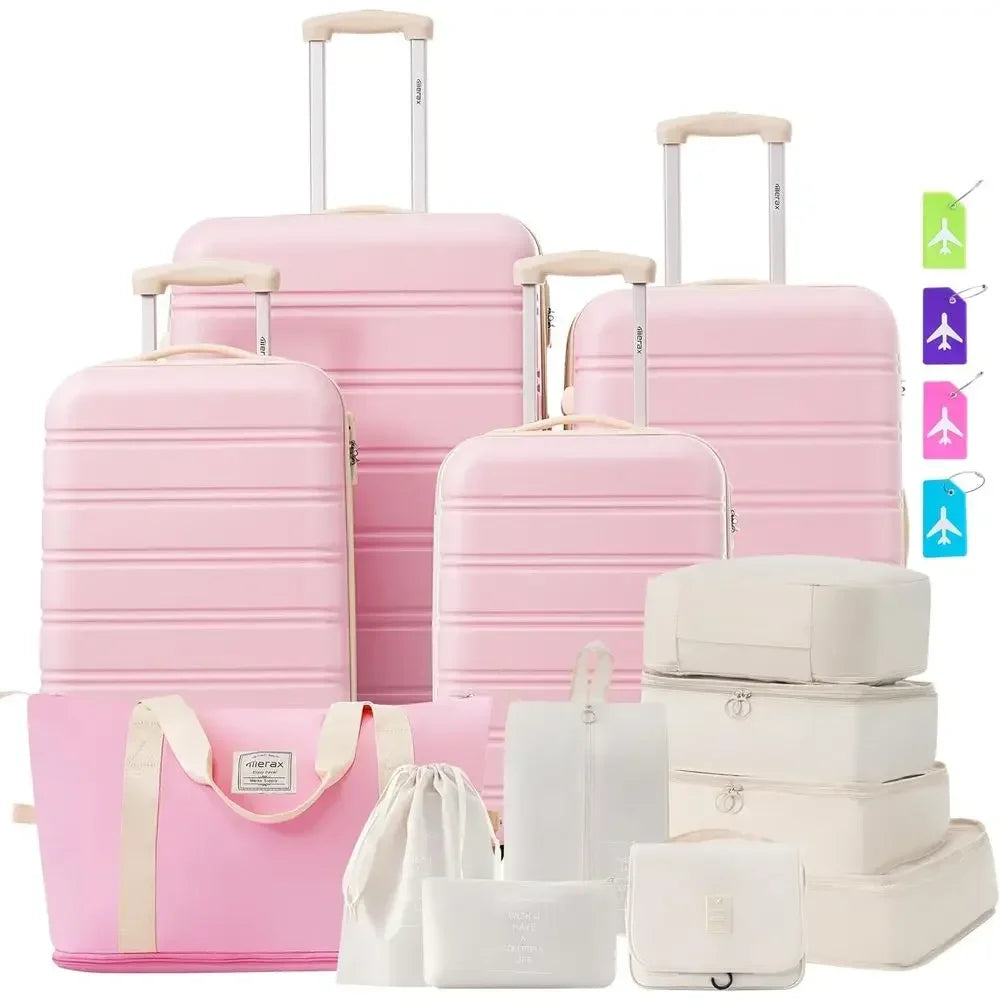 13 Piece Luggage Set with Spinner Wheels, TSA Lock, Expandable Hard Cases in Light Pink, Sizes 16-28 Inches