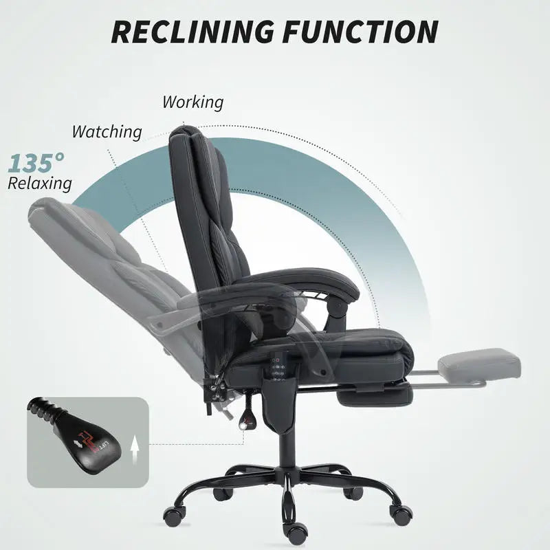 Office Chair with Massage, Pet-Friendly Faux Leather Reclining Desk Chair with Lumbar Support, Footrest, Black