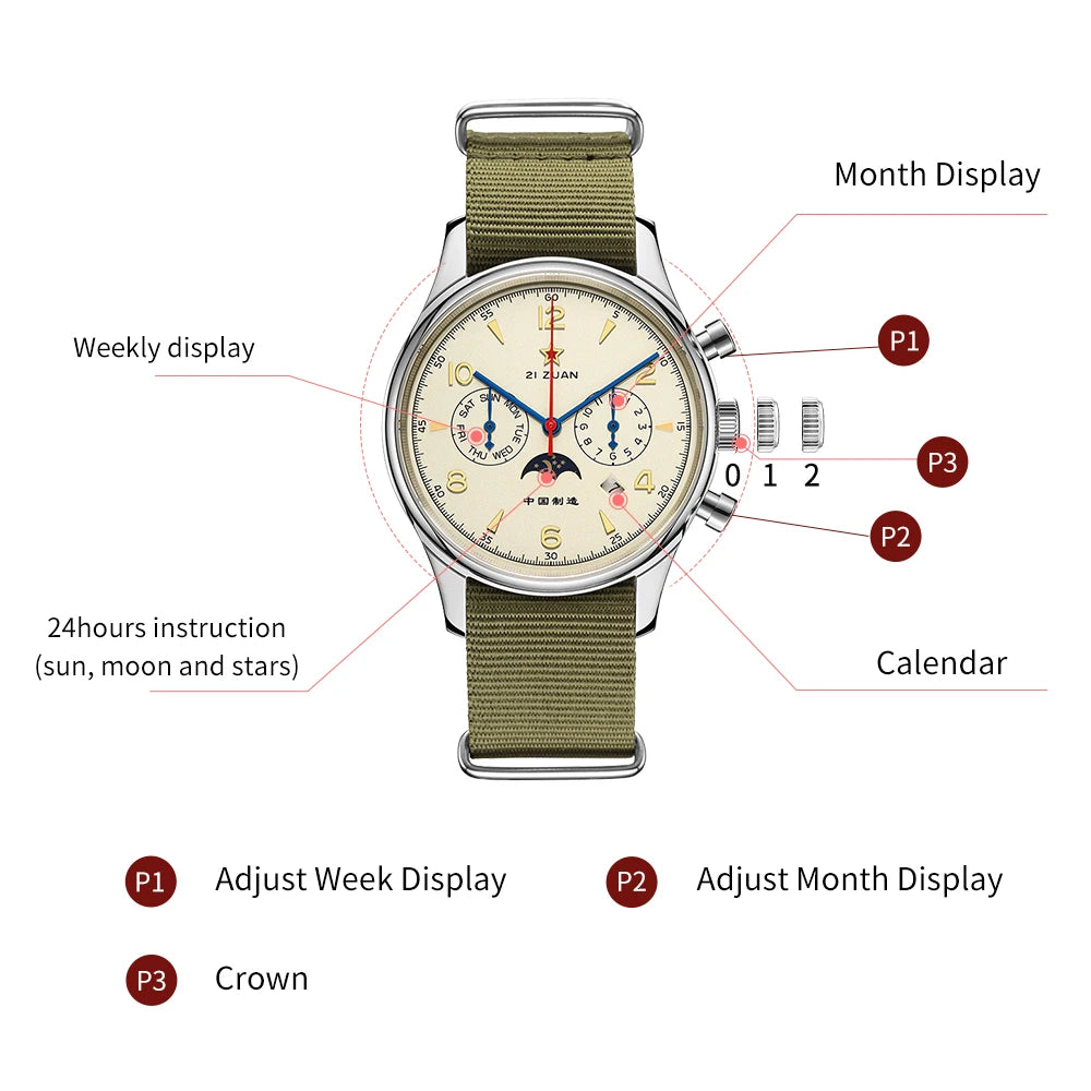 SEAKOSS Retro Men 1963 Automatic Mechanical Watch Week Month Calendar Display Use Seagull ST1654 Movement Pilot Wristwatches