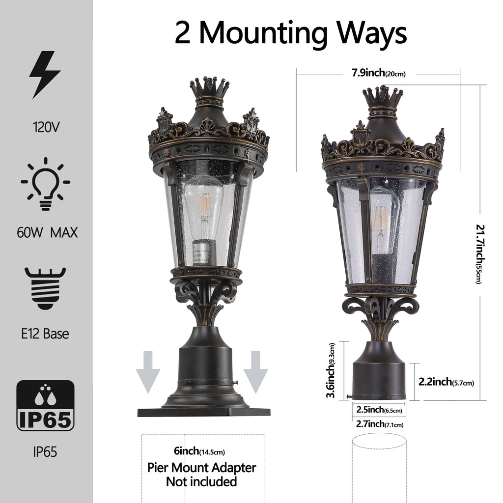 Vintage Crown Outdoor Post Lantern, Waterproof Decorative Table Lamp with Clear Glass Shade and Antique Metal Base (No bulb)