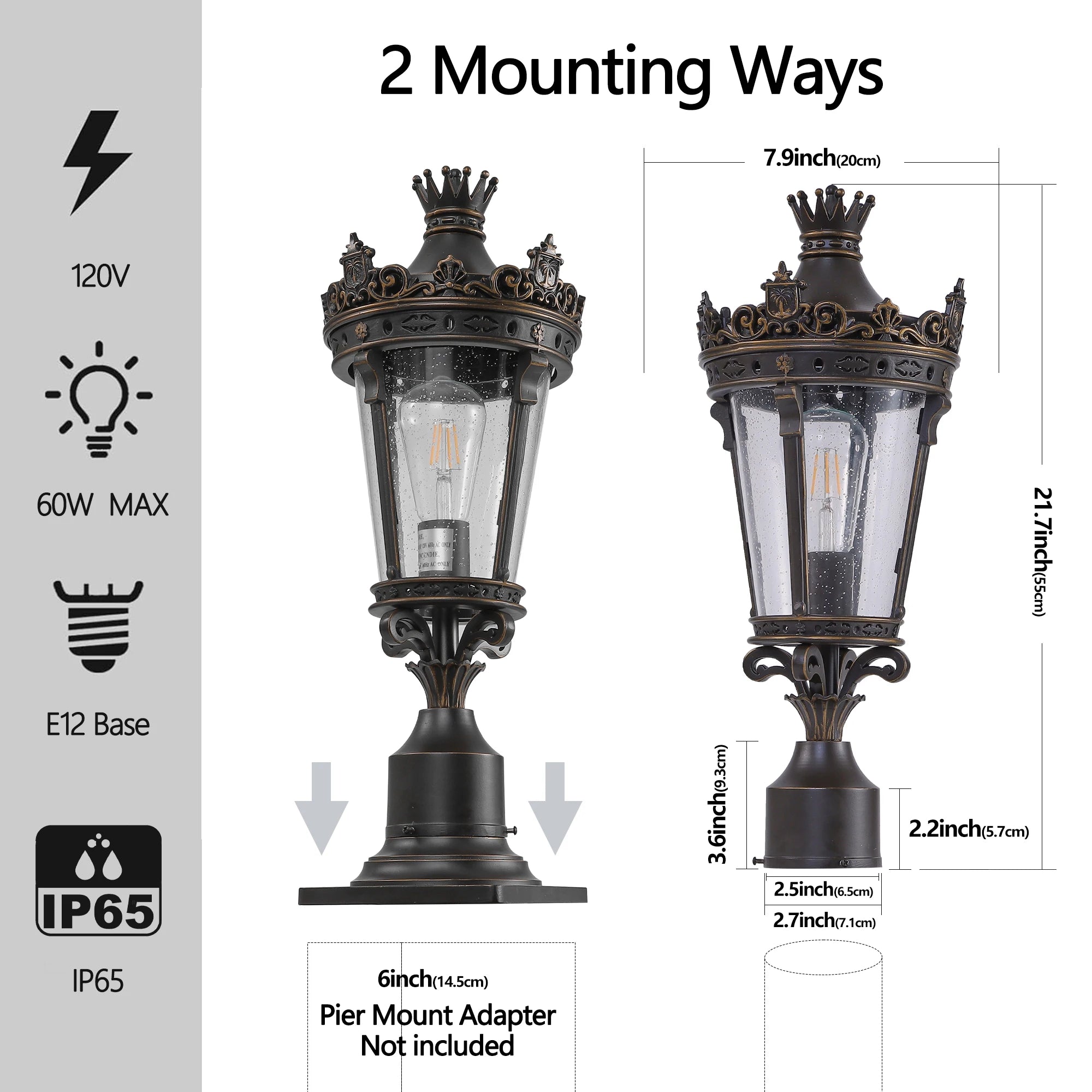 Vintage Crown Outdoor Post Lantern, Waterproof Decorative Table Lamp with Clear Glass Shade and Antique Metal Base (No bulb)