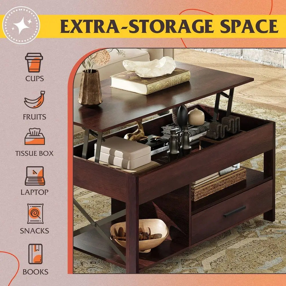 Table, 39 Lift Top Coffee Table With Hidden Compartment, Storage Drawers And Storage Shelf For Living Room, Reception Room, Esp