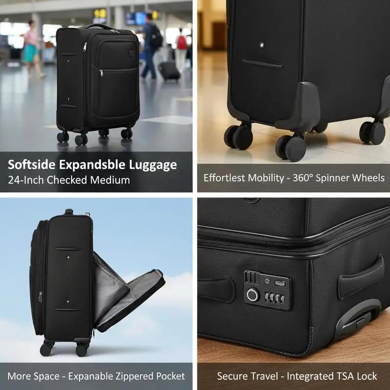 Expandable Softshell Trolley 24-Inch For Business Travel Family Vacation Overseas Study, Medium Checked Suitcase Built-in TSA Lock Multi-directional Spinner Wheels Black Polyester Fabric