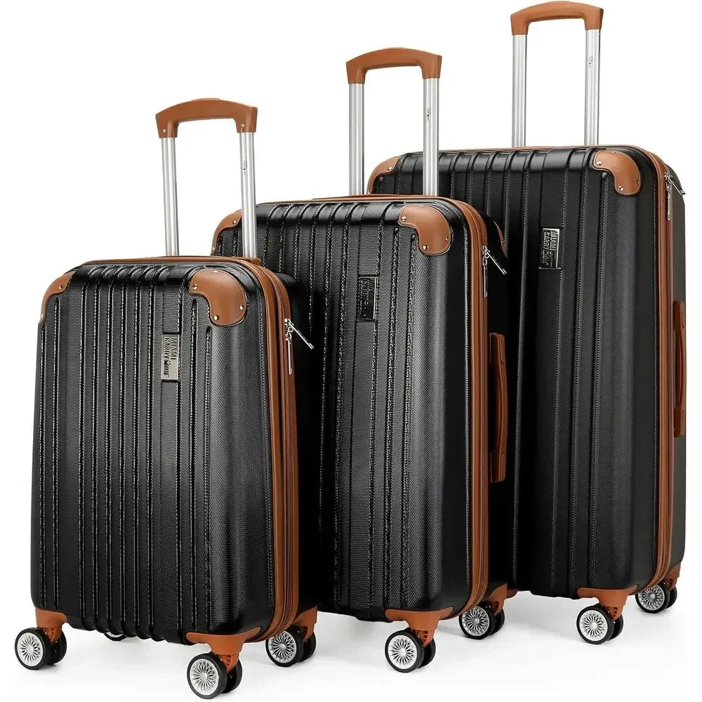 3-Piece Expandable Retro Luggage Set with Lightweight PC-ABS Shell and Double Spinner Wheels in Black