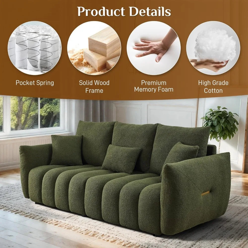 Teddy Cloud Sofa Couch, Comfy Upholstered Sherpa Deep Seat Boucle Sofa, Cozy Modern 3 Seater Couch with 3 Pillows, Oversized Lov