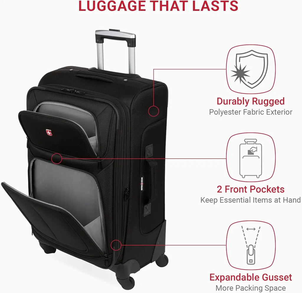 Expandable Spinner Luggage, Durable Lightweight Travel Suitcase in Black, Checked-Medium 25-Inch for Easy Trips