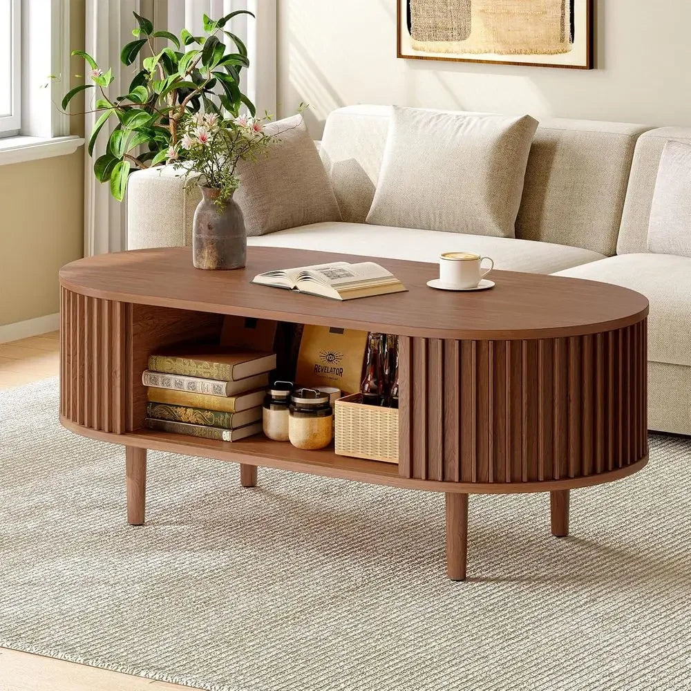 Mid-Century Modern Coffee Table with Storage, 43 Walnut Living Room Table for Small Spaces