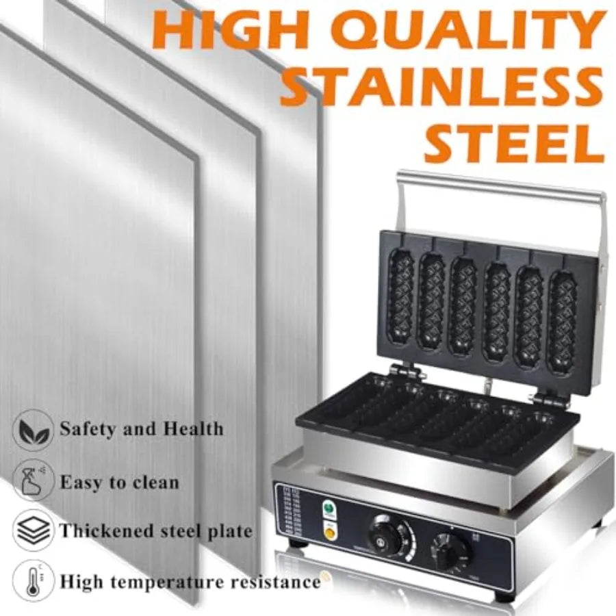 Commercial Corn Dog Waffle Maker1600W Lolly Stick Waffle Maker 6 Slice Non-Stick Stainless Steel Corn Hot Dog Waffle Iron with