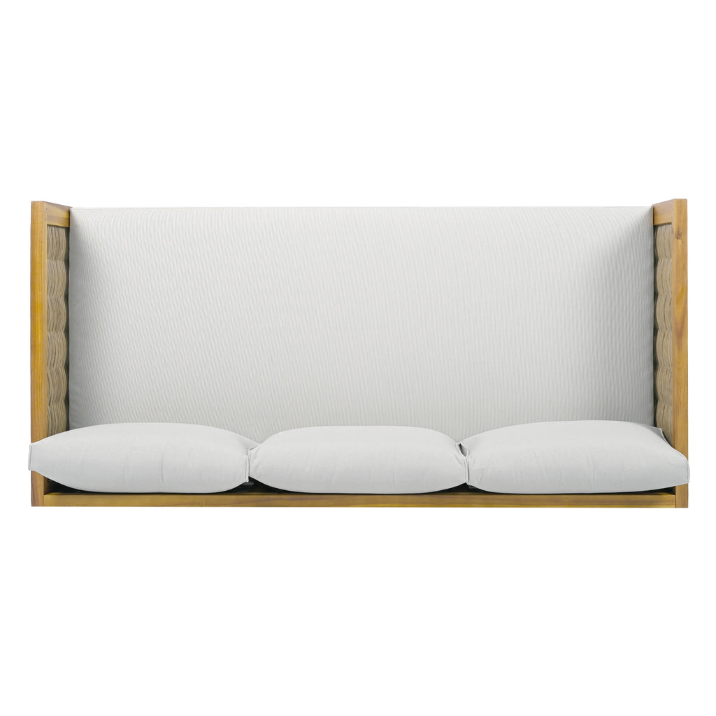 3 Seater Sofa Acacia Wood Outdoor Daybed Convertible Bed with Rattan Arm Cushion Pillow for Patio Garden
