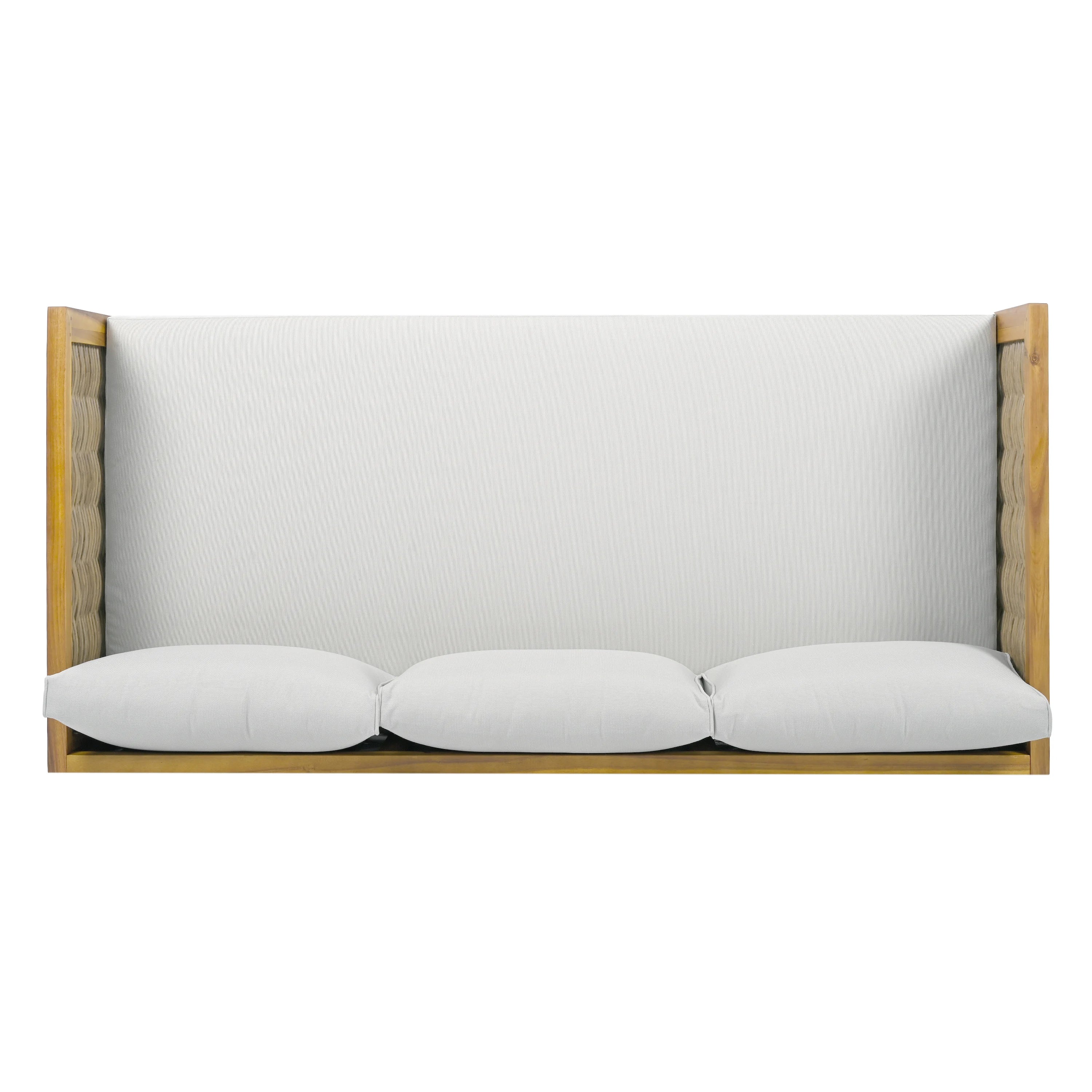 3 Seater Sofa Acacia Wood Outdoor Daybed Convertible Bed with Rattan Arm Cushion Pillow for Patio Garden
