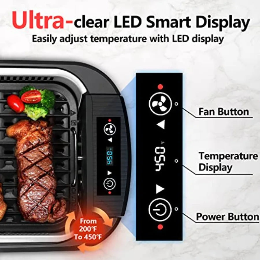 Indoor Grill Smokeless 1500W Electric Griddle for Korean BBQ with LED Smart Display Tempered Glass Lid Non-stick Removable Plat