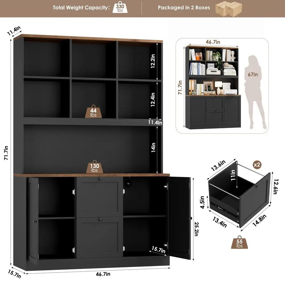 72 Tall File Bookcase with Power Outlet amp Printer Stand, 2 Drawer Filing Cabinets for Home Office Fit Hanging A4 File, Storag
