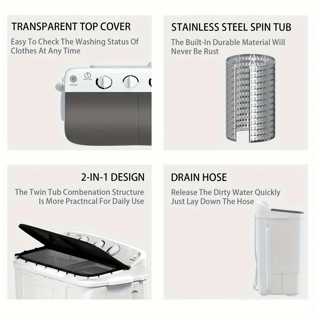 18lbs Compact Mini Twin Tub Washing Machine With Drying Rack, 11lbs Washer Mini Compact Laundry Machine And 7lbs Spinner, 1300RPM, Convenient And Efficient For Dorms, Apartment