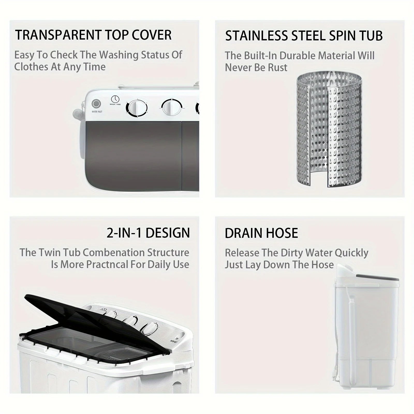 18lbs Compact Mini Twin Tub Washing Machine With Drying Rack, 11lbs Washer Mini Compact Laundry Machine And 7lbs Spinner, 1300RPM, Convenient And Efficient For Dorms, Apartment