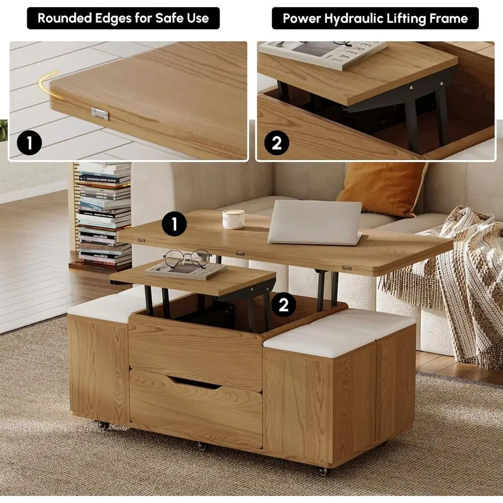 Natural Wood Coffee Table with Hidden Storage, 3-in-1 Multifunctional Center Table with 4 Stools and Wheels