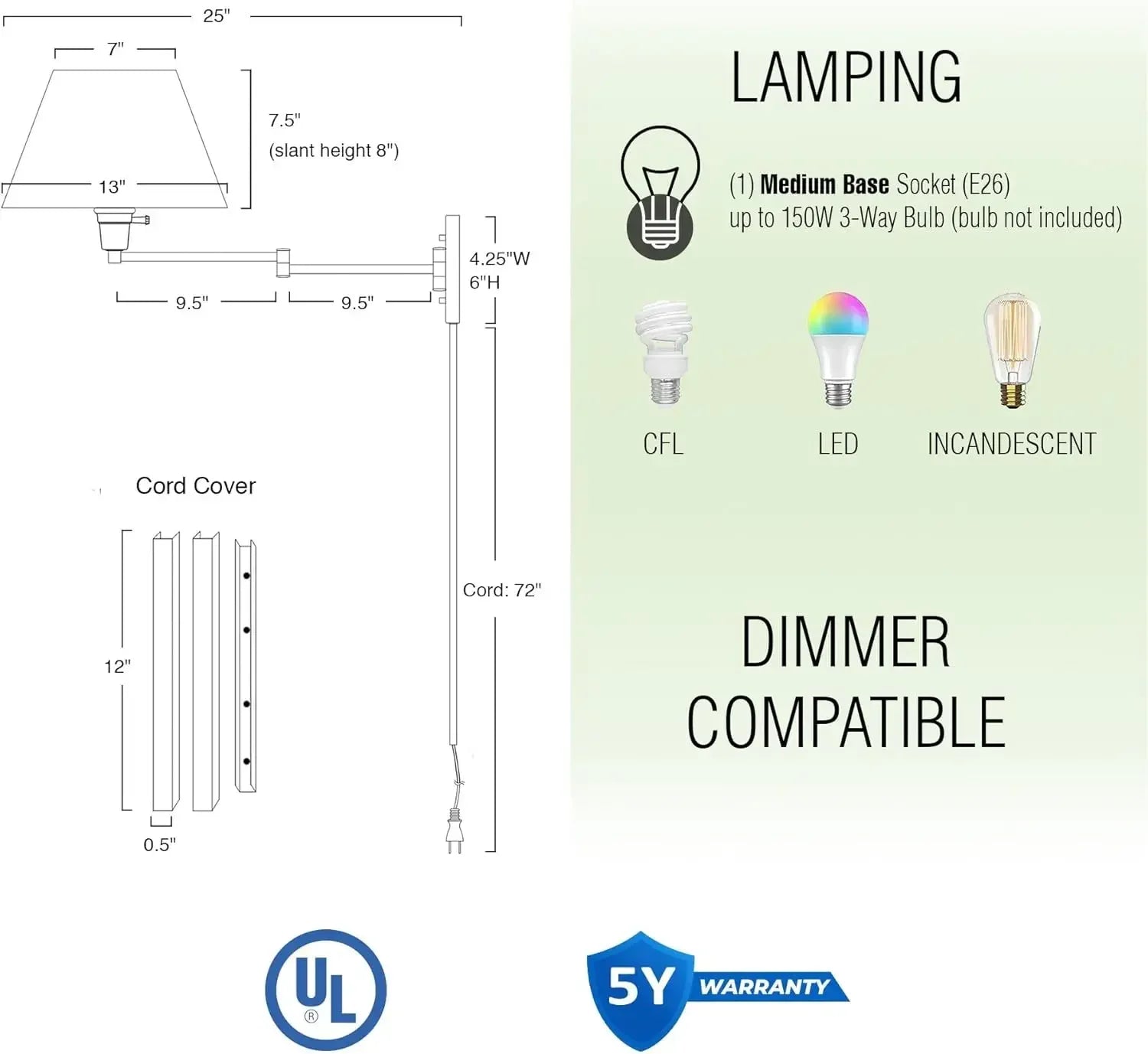 Cambridge 15" Swing Arm Wall Lamp - Plug in/Wall Mount + Latte Mocha Fabric Shade, 150W 3-Way + Cord Covers, Black Finish, 2-Pac