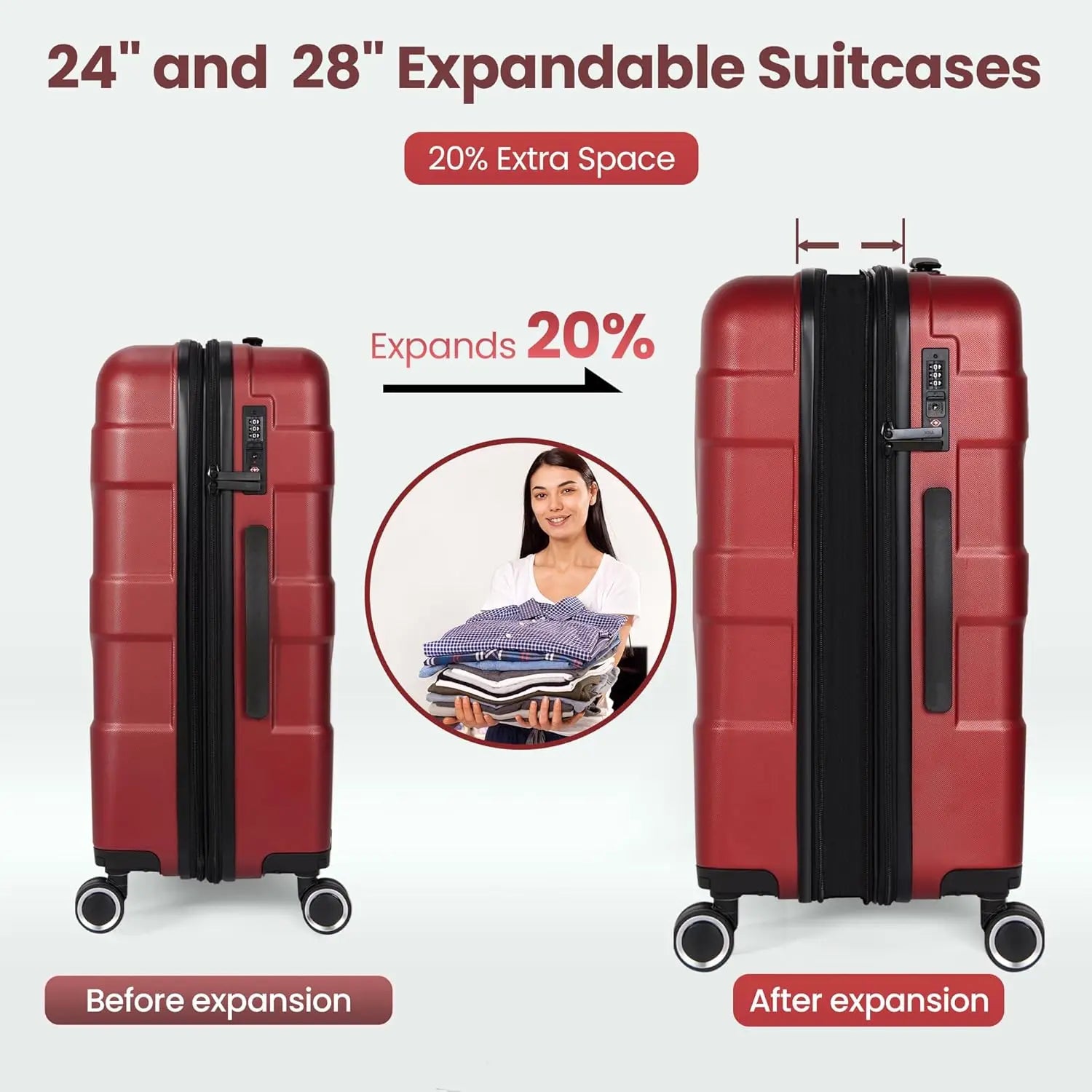 3-Piece Hardside Luggage Set with Spinner Wheels, TSA Lock, Expandable Lightweight Travel Suitcases for Women in Burgundy