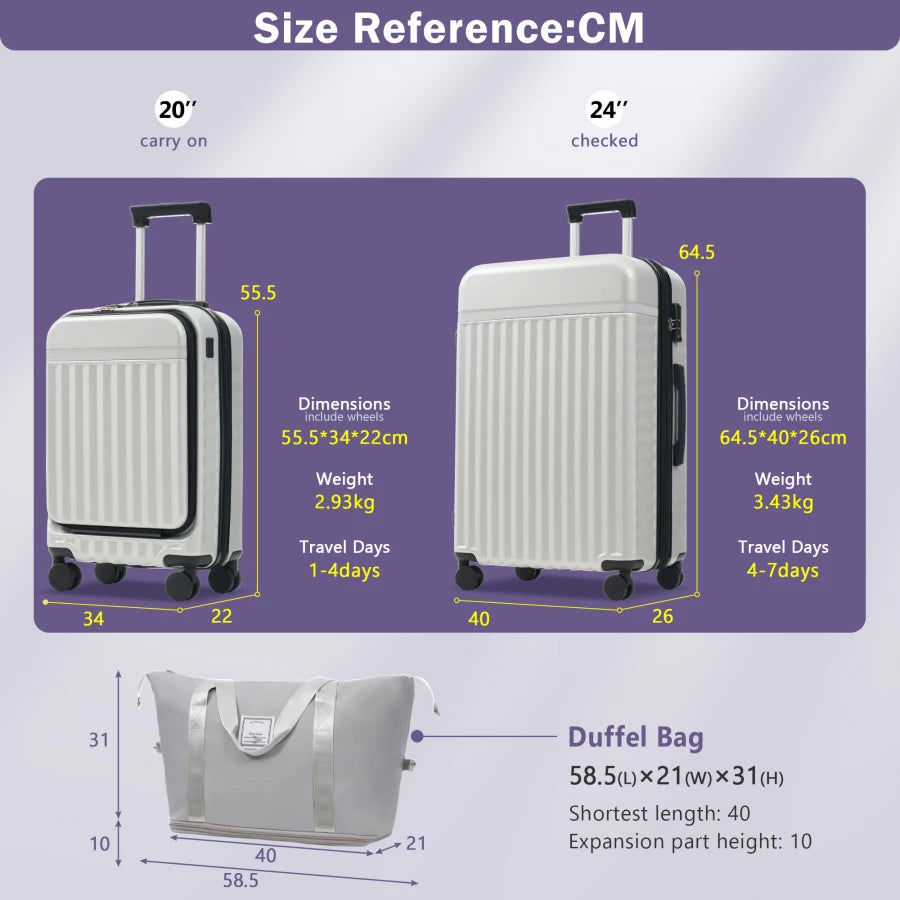 Front Opening Luggage Set 3 Piece: Hardside Carry-on Suitcase with USB Port, Expandable Spinner Wheels, TSA Lock, ABS/PC Materi