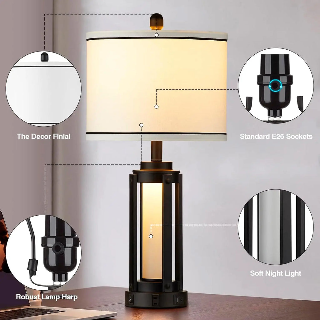 Set of 2 Modern Industrial Table Lamps with USB A+C Charging Ports, AC Outlet, and Night Light for Living Room Bedroom Decor