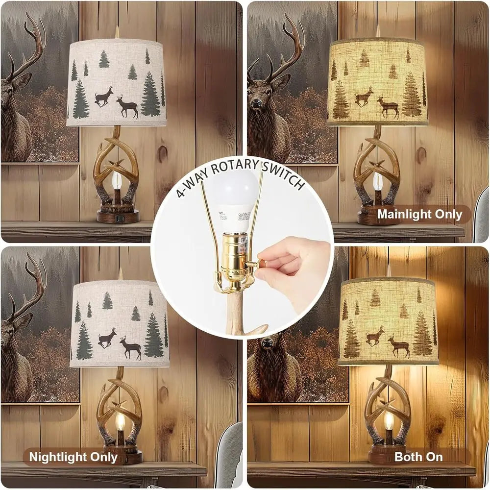 Rustic Antler Table Lamp Set of 2 with Nightlight, Dual USB Ports, Linen Fabric Shade, Suitable for Bedroom, Living Room, Office