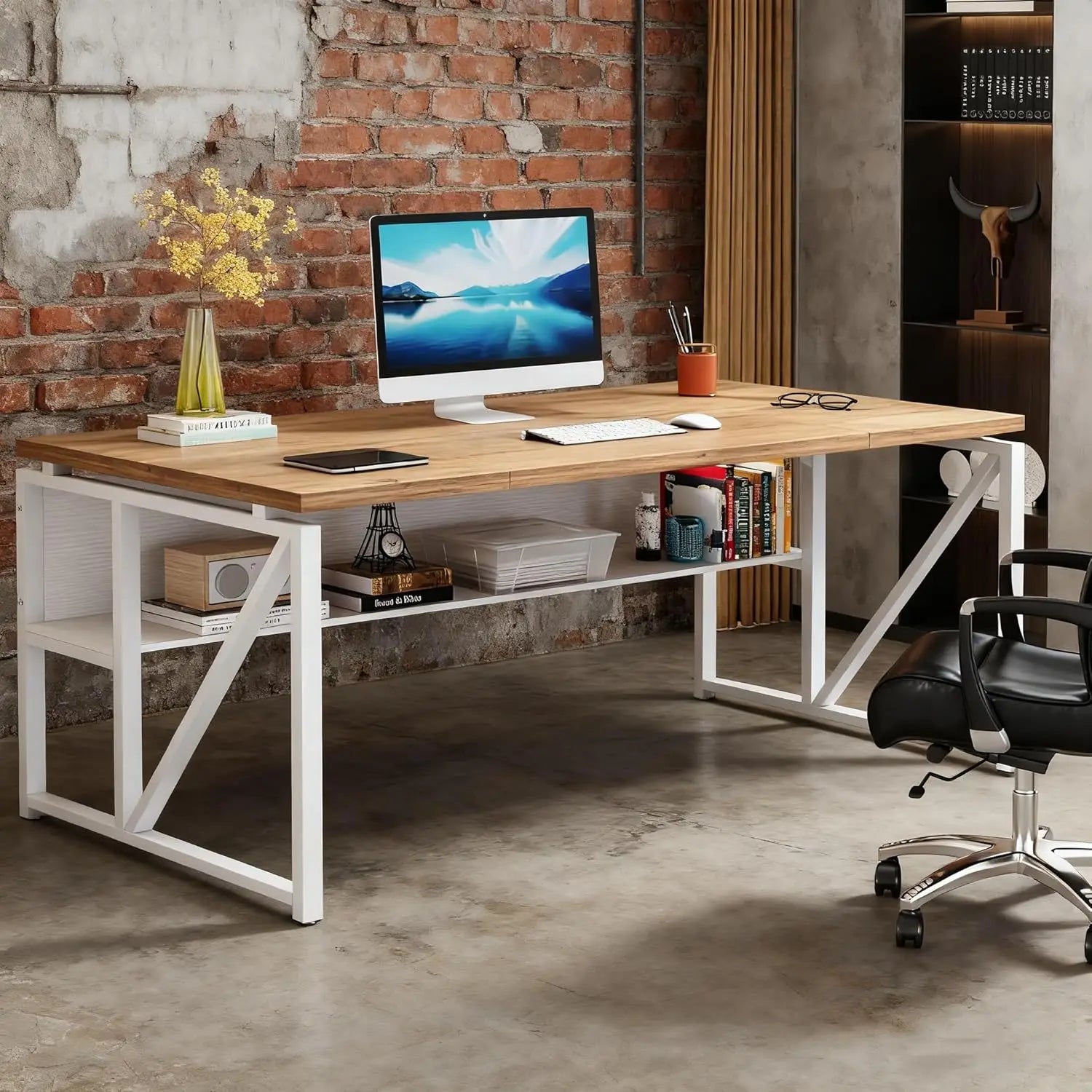 63" Computer Desk with Shelf, Home Office Writing Workstation, Dark Walnut Steel Frame, No Cabinet, Customized