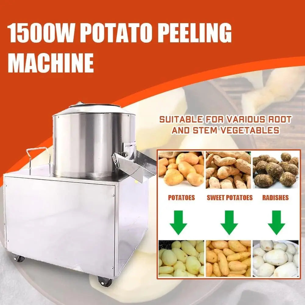 HPDMC Commercial Electric Potato Peeler 1500W Automatic Washer with Caster Wheels 430 Stainless Steel for Kitchen Use
