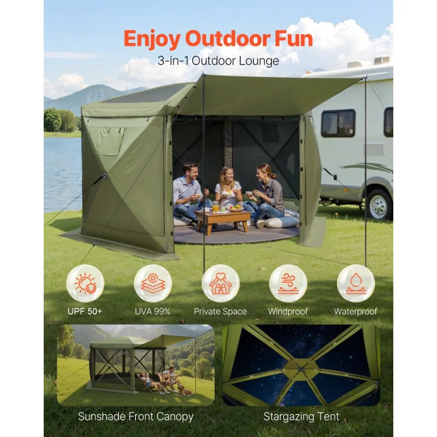 10 x 10 ft Pop Up Gazebo Screen Tent 6-Sided Large Camping Canopy with Removable Top Carry Bag Quick-Set Bite-Proof Green Sun S