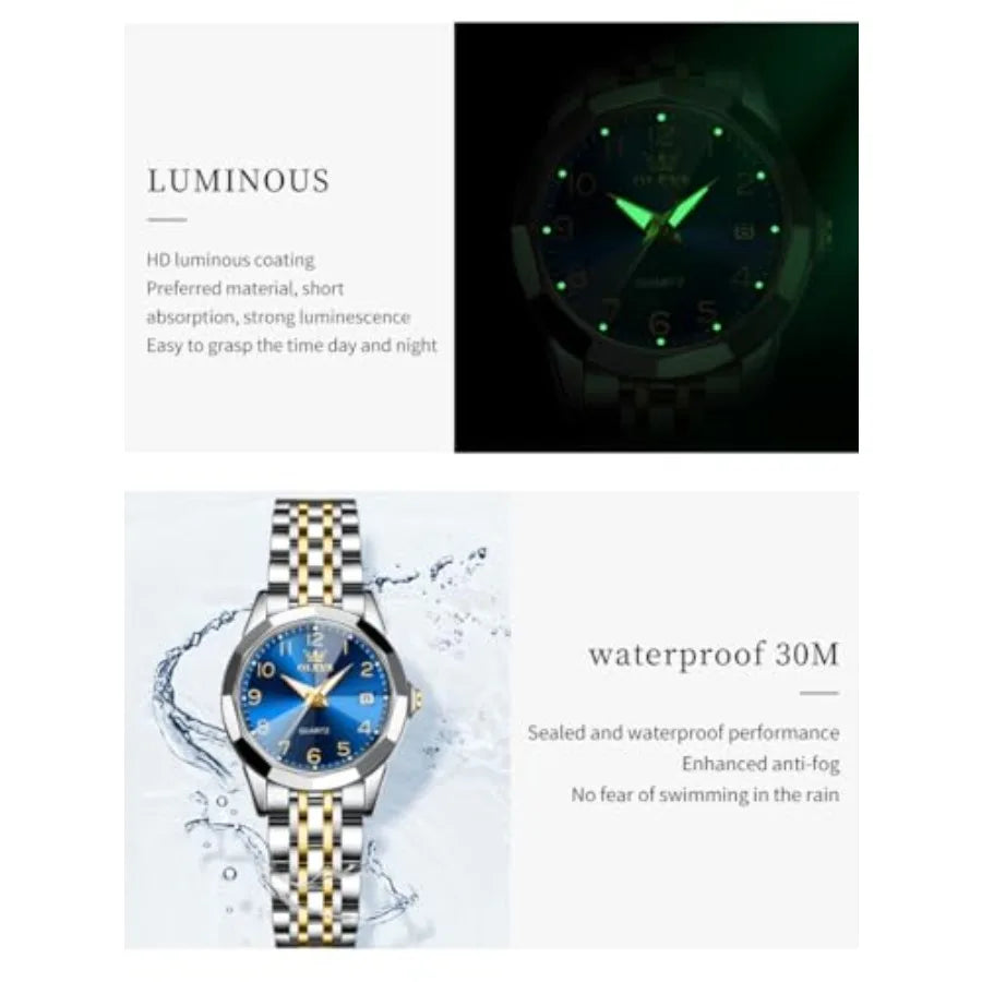 OLEVS Womens Watch Classic Dress Number Female Watches for Ladies Analog Quartz Stainless Steel Waterproof Lumius Day Date Two
