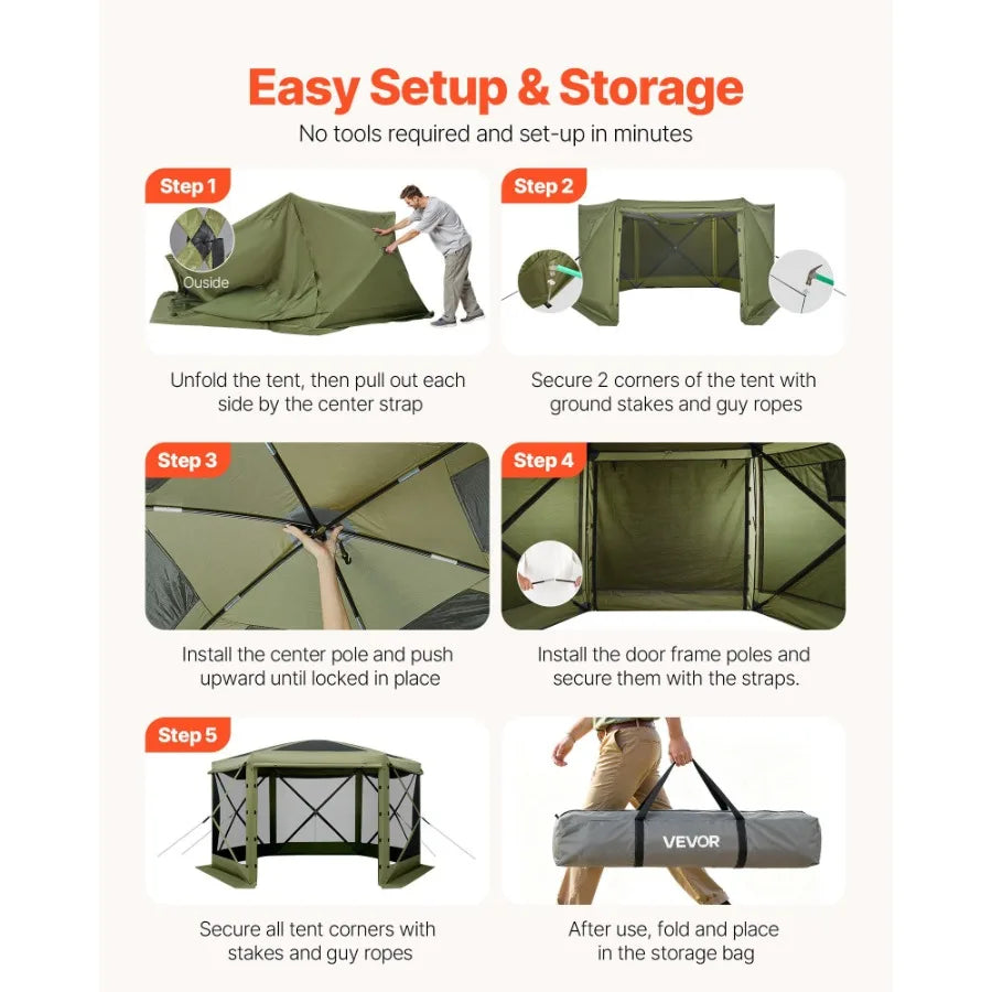10 x 10 ft Pop Up Gazebo Screen Tent 6-Sided Large Camping Canopy with Removable Top Carry Bag Quick-Set Bite-Proof Green Sun S
