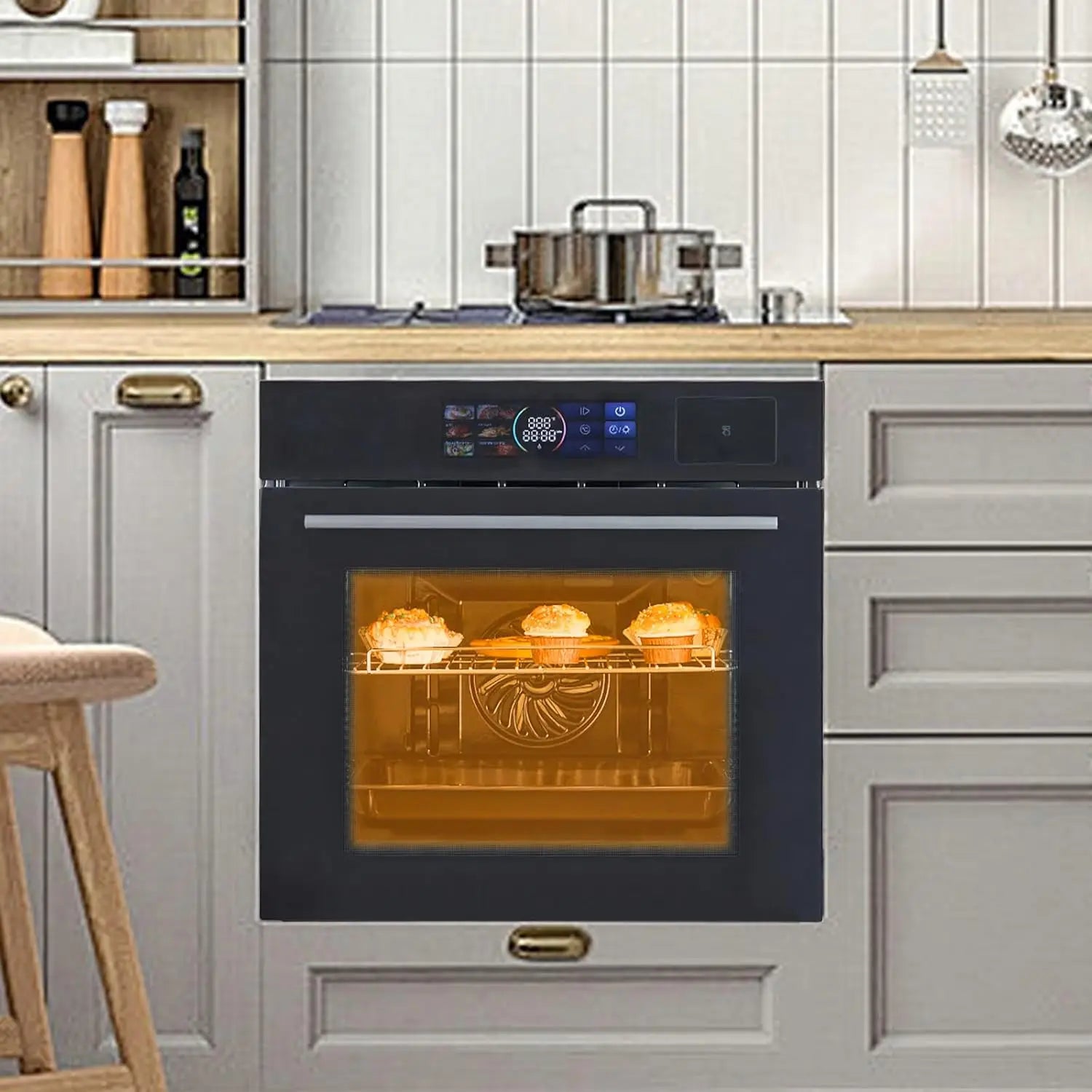 24" Built-in Electric Ovens with 70L Capacity 3000W Single Wall Oven with View Window Steam & Grill Oven 8 Cooking Functions