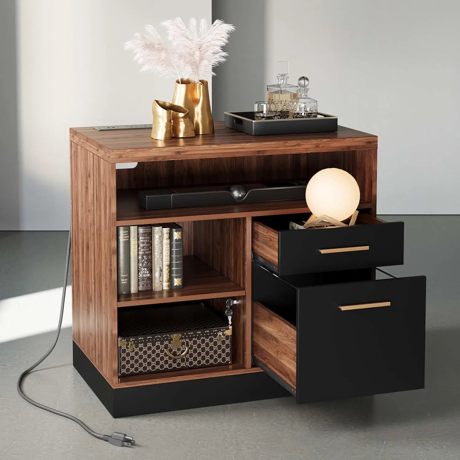 2 Drawer Wood File Cabinet, Filing Cabinet for Home Office with Lock, Power Outlets, Storage Shelves, Lateral File, Customized