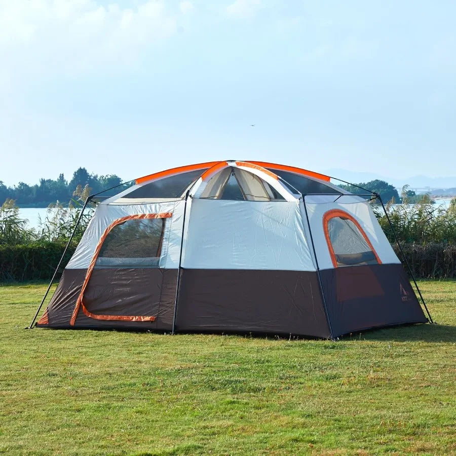 Extra Large Tent 6-10-12-14 Person Style-B Family Cabin Tents with 2 Rooms 3 Doors and 3 Windows Featuring Mesh Panels Straight