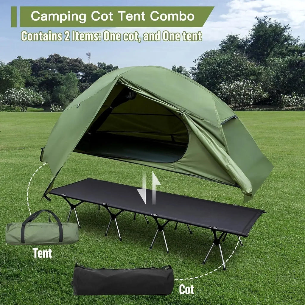 wCamping Cot Tent - Waterproof 1-Person Off-Ground Combo Cot Bed for Adults Portable Easy Set-up Tent Outdoor Shower