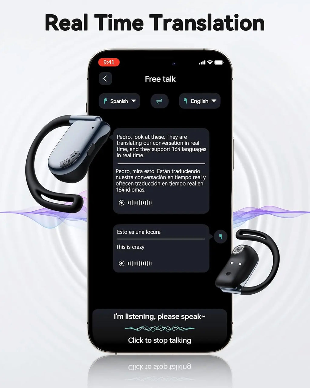 AI Translator Earbuds Real-Time 164 Languages Bluetooth LED Display for Travel Business Learning Black