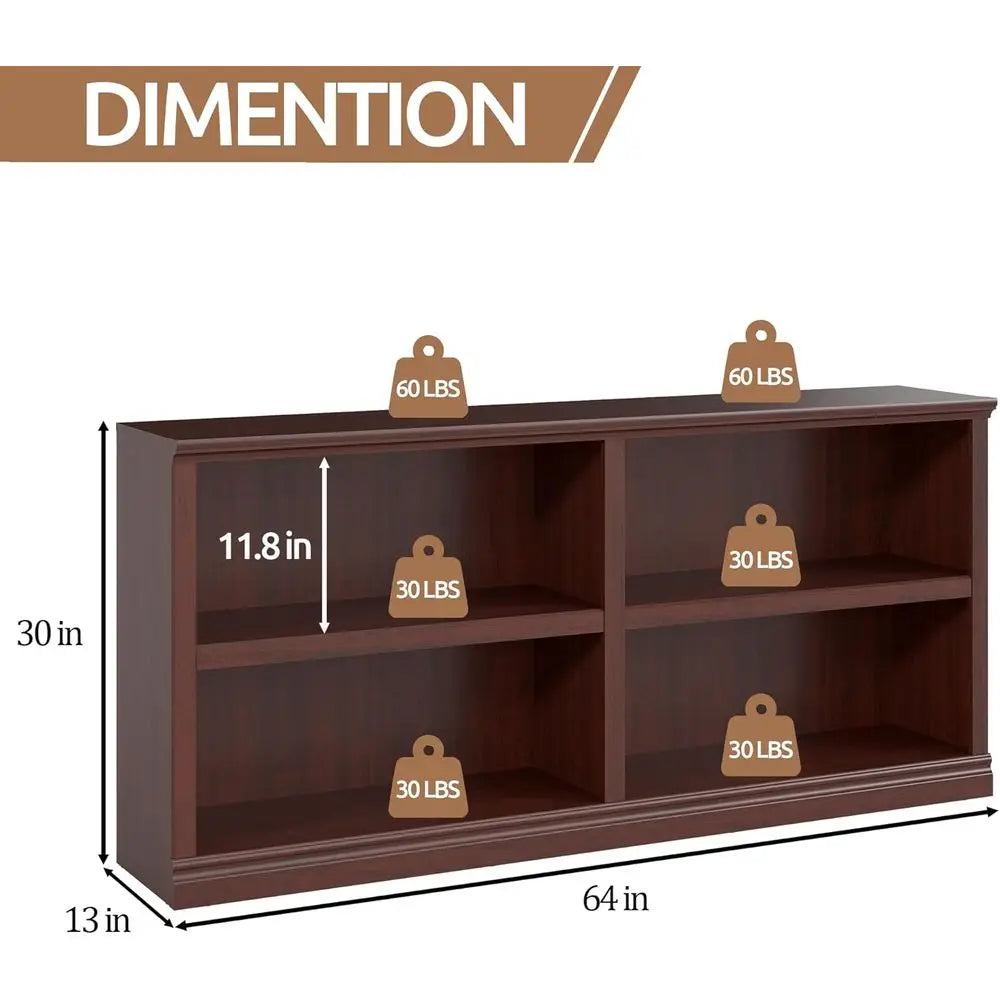 64 Double Wide 2-Tier Bookshelf with 4 Cubes, Cherry Wood, for Home and Office Storage and Display