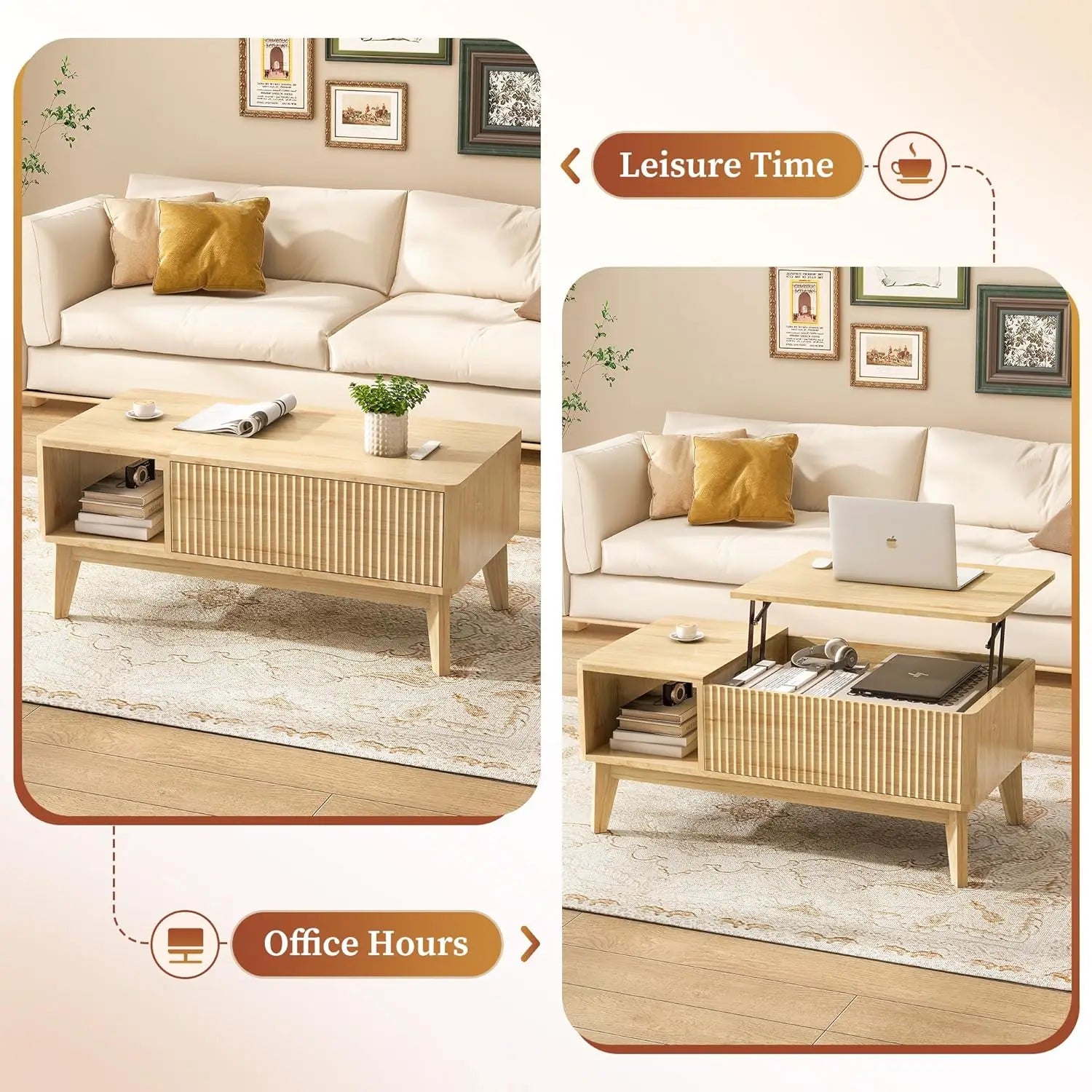 Fluted Lift Top Coffee Table with Storage, Modern Design for Living Room and Home Office