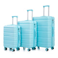 Travel luggage set for tourists: 20/24/28 ABS spinner wheel suitcases with carry-on size, matching blue color, and combination