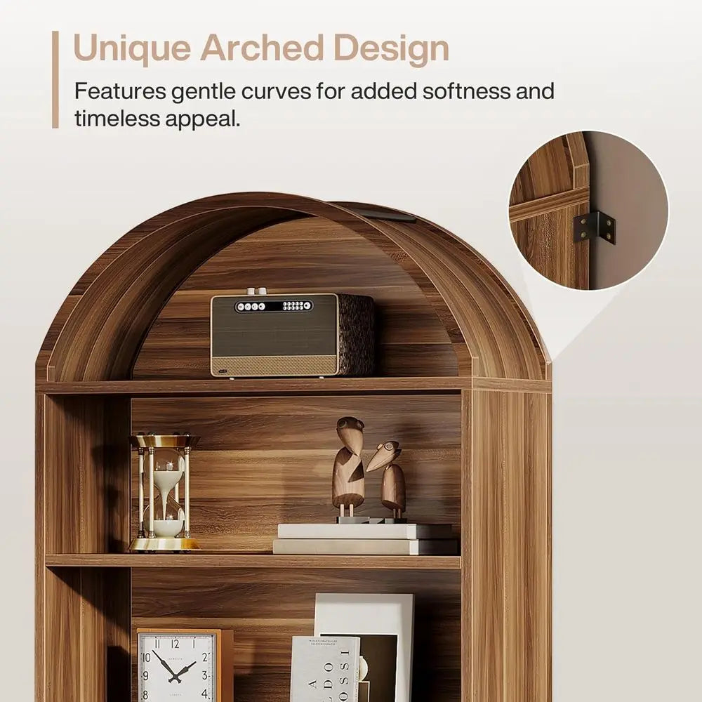 76.8 Walnut Brown 5-Tier Arched Bookcase with Cabinet, Large Standing Wooden Shelves for Home Office, Living Room Display Storag