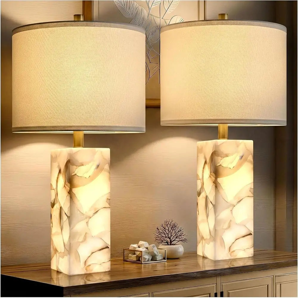 Alabaster Table Lamp Set of 2 with Night Light, 23 Rotary Switch, Linen Shade, Ideal for Bedroom, Living Room, Office or Dorm (B