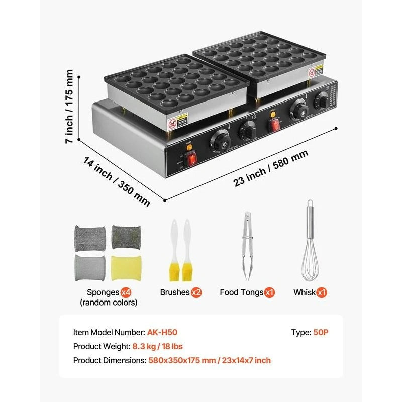 Mini Dutch Pancake Machine 50PCS For Kitchen Restaurant Dessert, Non-stick Dorayaki Baker 1800W Double Temperature Time Control Commercial Poffertjes Grill Pan 21.3x11.4x6.5 Inches Black Silver Professional Baking Equipment