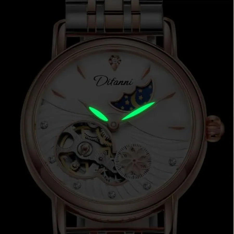Womens Automatic Mechanical Stainless Steel Moonphase Watches Leather Strap Self-Winding Pearl Skeleton dial Waterproof Ladies