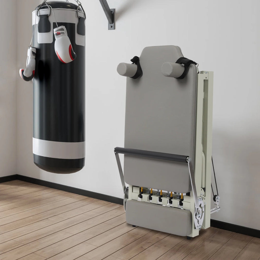 Foldable Pilates Reformer Machine,  Pilates Exercise Equipment，Stylish Gray Multifunctional Yoga and Fitness Bed