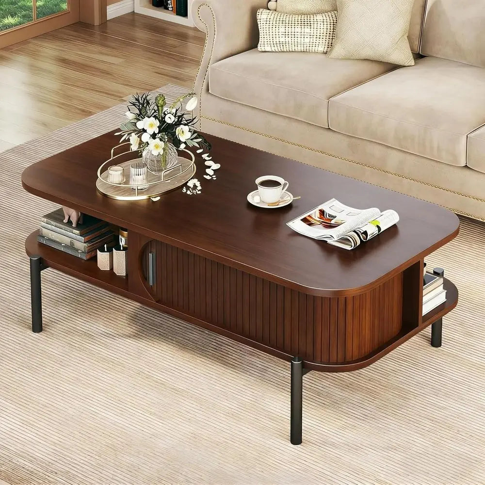 Rustic 2-Tier Walnut Coffee Table with Storage and Sliding Cabinet Door
