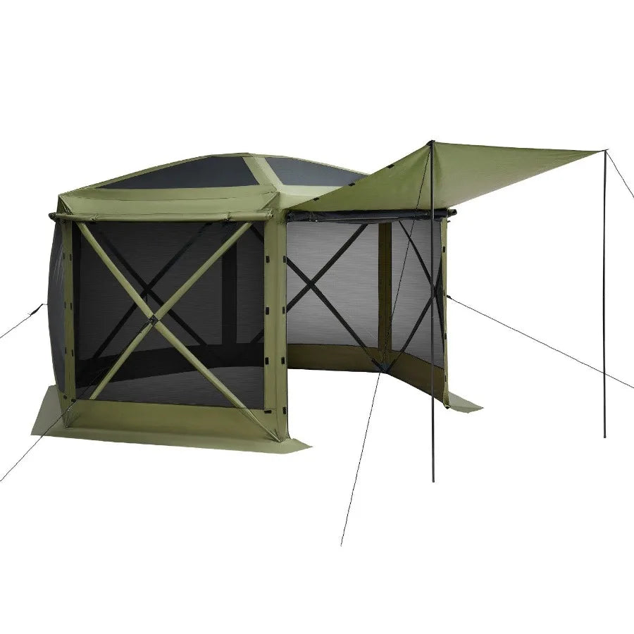 10 x 10 ft Pop Up Gazebo Screen Tent 6-Sided Large Camping Canopy with Removable Top Carry Bag Quick-Set Bite-Proof Green Sun S