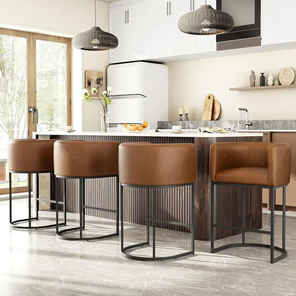 Set of 4 Counter Height Bar Stools with Backrest and Arms, Leather Upholstered, Walnut Brown