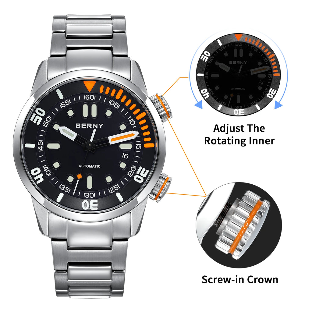 BERNY Automatic Dive Watch for Men Super Luminous Original Design 20ATM Diver Wristwatch Sapphire, Local Warehouse Fast Delivery