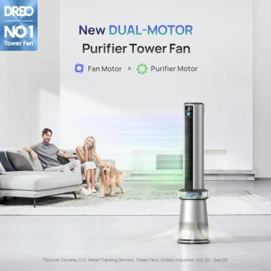 Bedroom tower fan, ABS plastic, silver blue, 2-in-1 air purifier and fan with 27ft/s velocity, 120 oscillation, 24H timer, 25dB