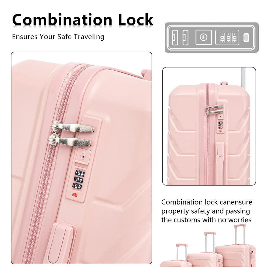 Tourist luggage set for travel: ABS spinner wheels, 20/24/28, matching pink color, includes combination lock